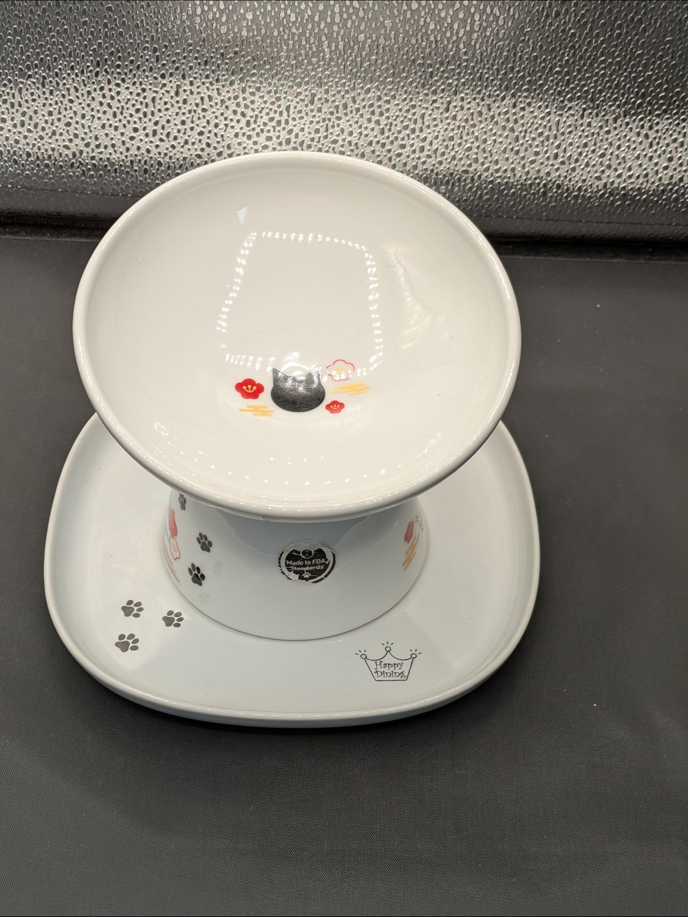 Ceramic Pet Bowl and Tray Set - White with Paw Print Design